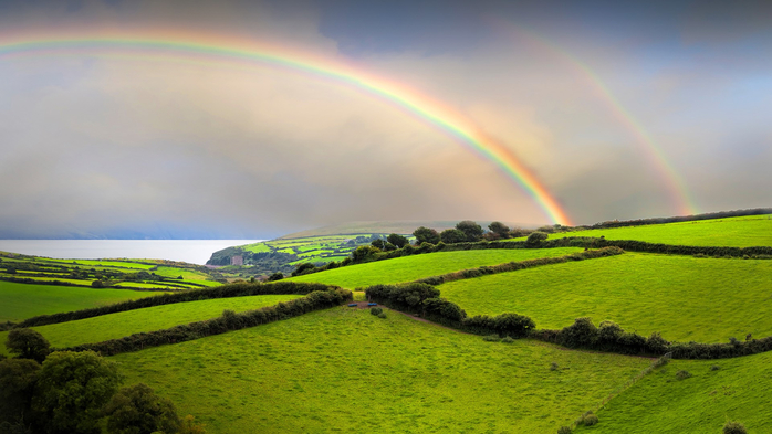 Double rainbow landscape in Dingle Peninsula scenery on sunny and rainy day, Ireland (700x393, 296Kb)