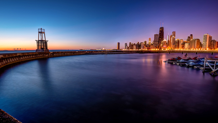 Chicago skyline and harbour at sunrise, Illinois, USA (700x393, 227Kb)