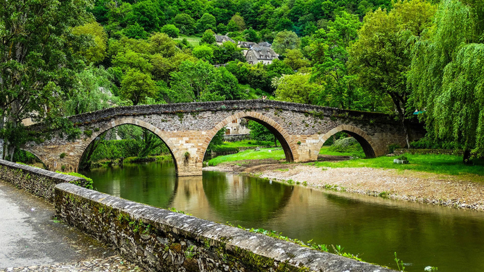 Belcastel medieval stone bridge across Aveyron river with forest, Aveyron, France (700x393, 480Kb)