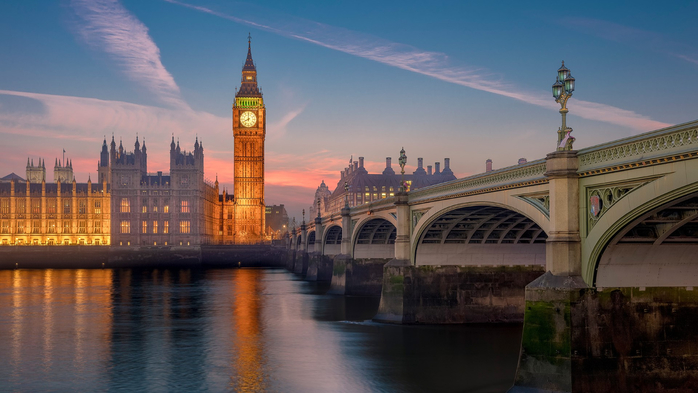 Big Ben and River Thames at sunset, Westminster Bridge and Palace, London, England, UK (700x393, 285Kb)