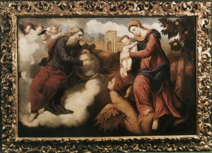 Dio Padre e Madonna con Bambino che calpesta un serpente. 1520-1571. , . 100  150.  Mercato antiquario, Monaco, 1986 (700x504, 149Kb)