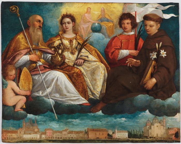 Pietro Damini, - Saints Prosdocimus, Justina, Daniel, and Anthony of Padua in Glory with a View of the Prato della Valle, Padua (700x557, 164Kb)