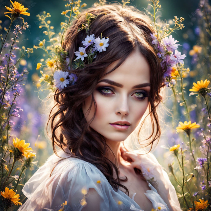 charming-brunette-girl-beautiful-makeup-in-a-clearing-with-wildflowers-fantasy-art-mysterious (700x700, 600Kb)