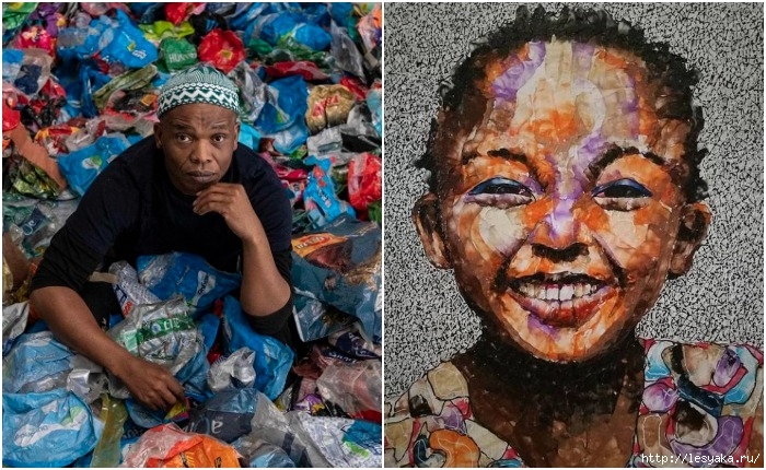 Африканский художник Мбонгени Бутелези, создающий потрясающие картины из пластика!