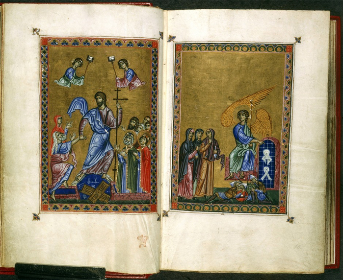 1.Адские муки (слева) и Три Марии у гробницы (справа), псалтырь Мелисенды (Эгертон, 1139, 9в и 10r), 1131-1143  Британская библиотека) - копия (700x572, 490Kb)