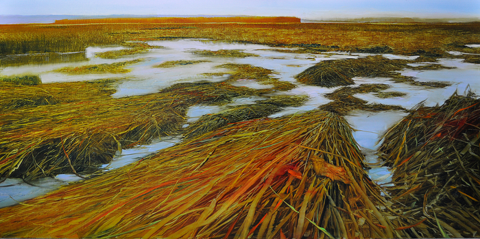 Dunlop_shoreline+Marsh+Labyrinth_oil+on+brushed+silver+anodized+aluminum_24x48_6500 (700x349, 457Kb)