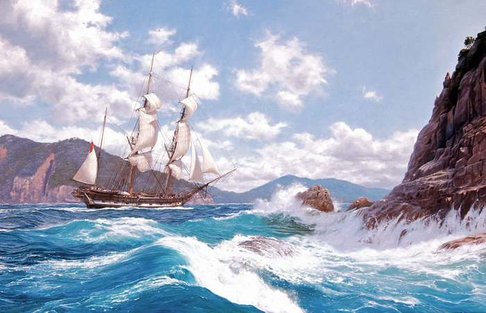 HMS Beagle shows a tallship sailing by shore (700x451, 384Kb)