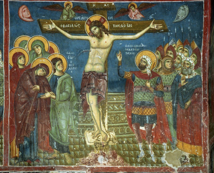 7. Великая Пятница.  аспятие. Фреска церкви св.Николая в Прилепе, Македония. XII-XIII в. (700x569, 523Kb)