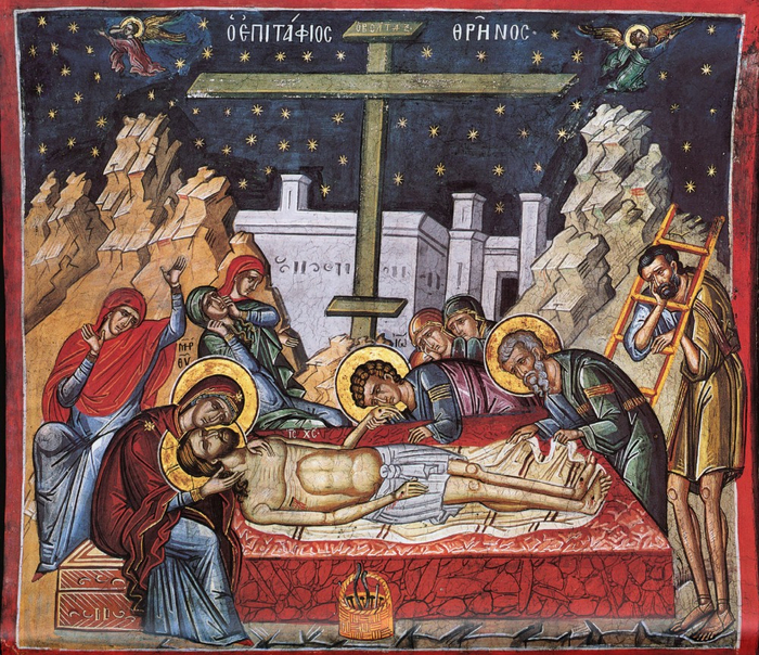 Великая Пятница. Оплакивание Христа. Фреска монастыря Дионисиат, Афон. Сер. XVI в. (700x604, 640Kb)