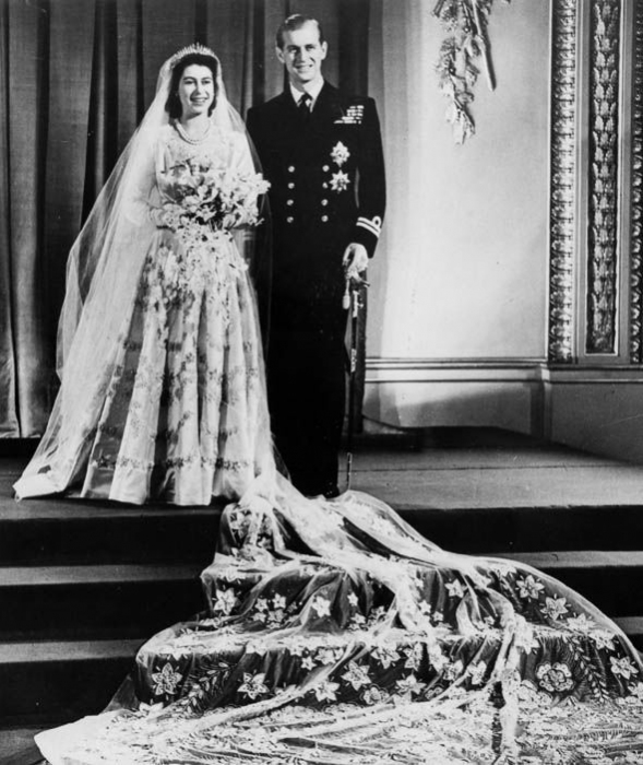 Queen Elizabeth II and The Duke of Edinburgh pictured on their wedding day at Buckingham Palace on 20th November 1947.