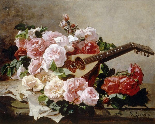 Jeannin, Georges (1841-1925) - Still Life with Roses and Mandolin