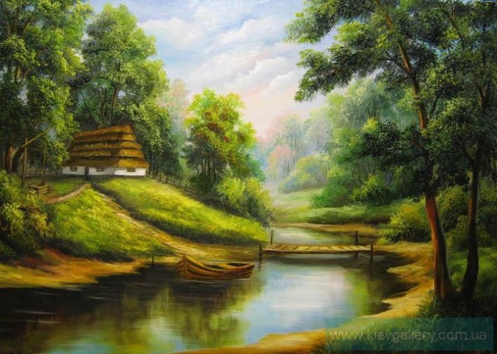 Река домов картина. Пейзаж с домиками на берегу. Весенний пейзаж с домиком. Домик на берегу в картинах художников. Дом у реки картина маслом.