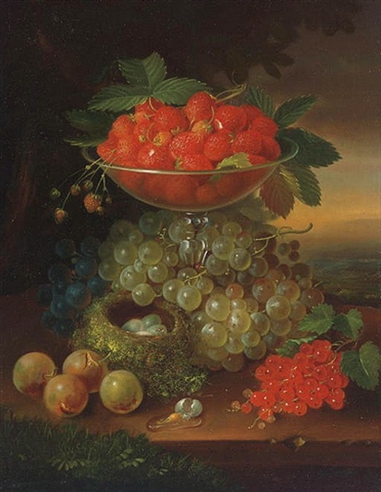 Still life with fruit and nest of eggs