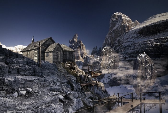 Hiker in front of the Zwoelferkogel, Sextenan Dolomites, South Tyrol, Italy