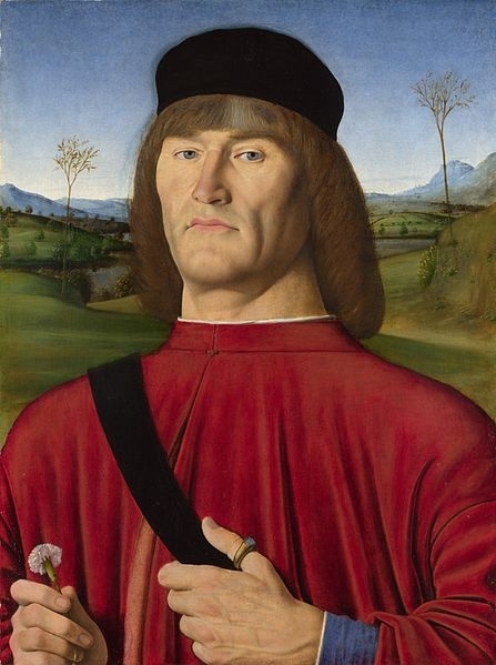 Artist	 Andrea Solario (14601522)  Description	 Man with a Pink Carnation c. 1495 Oil and egg tempera on poplar, 50 x 39 cm National Gallery, London  The artist belongs to the generation bridging the 15th and 16th centuries and was highly regarded in his